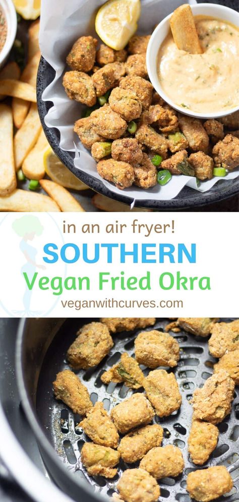 Air Fried Okra Recipe, Vegan Black Eyed Peas, Air Fried Okra, Vegan Cajun, Po Boy Sandwich, Quick Appetizer, Vegan Soul Food, Fried Okra, Homemade Cajun Seasoning