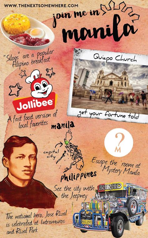 (Whereabouts: Manila, Philippines) Join The Next Somewhere as she takes you around her Top Five favorite things to do in Manila! #whereabouts #thenextsomewhere Filipino Subject Design Ideas, Manila Paper Design Ideas, Philippines Aesthetic Art, Philippines Collage, Poster About Culture In The Philippines, Filipino Representation, Travel Brochure Philippines, About Philippines, Philippines Aesthetic