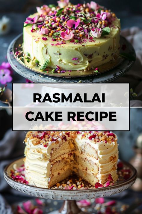 Indulge in the decadent flavors of rasmalai with this easy rasmalai cake recipe. Transforming the classic Indian dessert into a delightful cake, this recipe is a must-try for any dessert lover. Moist vanilla sponge layers infused with saffron, cardamom, and almond flavors, sandwiched between layers of creamy ricotta cheese mixture. Topped with pistachios and rose petals for a touch of elegance. Saffron Cardamom Cake, Ikea Almond Cake Recipe, Floral Cake Recipe, Indian Cake Flavors, Rose And Cardamom Cake, Indian Cake Recipe, Cardamom Cake Recipe, Cardamom Desserts, Leftover Cake Ideas