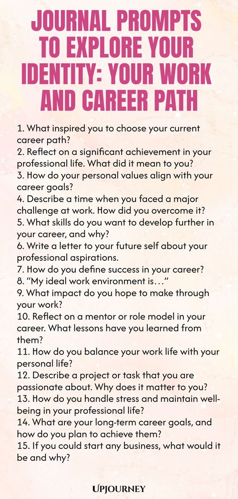 Explore your identity through journaling with these thought-provoking prompts focusing on your work and career path. Uncover valuable insights, set new goals, and gain clarity on your professional journey. Dive deeper into understanding yourself and where you want to go in your career. Perfect for self-reflection and personal growth. Elevate your journaling practice today! Future Questions To Ask Yourself, Journal Prompts Career, Career Journal Prompts, Identity Prompts, Therapeutic Journaling, 100 Journal Prompts, Career Journal, Anita Moorjani, Work Etiquette