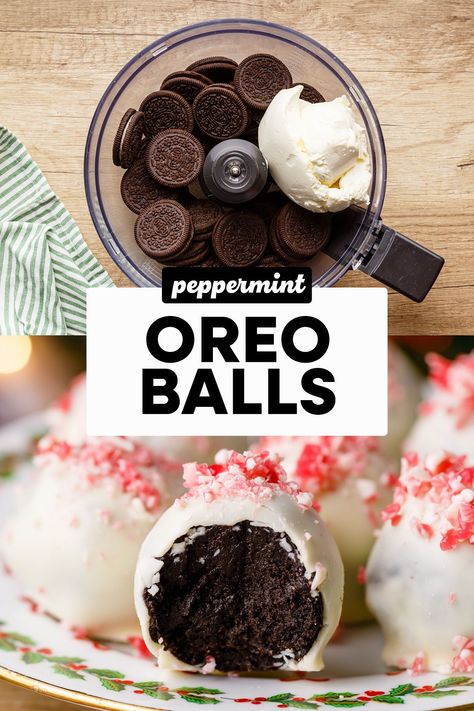 Here's how to make the most addictive peppermint oreo balls. If you want an easy, no-cake christmas dessert, this is the recipe for you. Deserts For Christmas Party, Peppermint Oreo Balls, No Bake Peppermint Bark Snowballs, Easy Christmas Baking Ideas, Peppermint Oreo Truffles, Christmas Oreo, Oreo Bites, Holiday Deserts, Oreo Balls Recipe