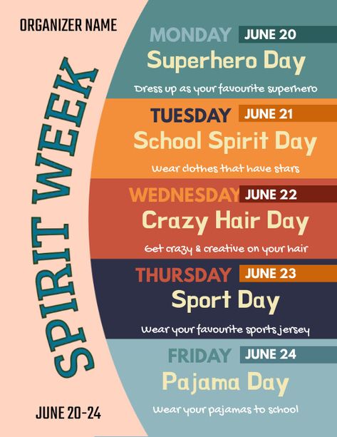 Spirit Week Flyer, Week Template, Character Day, School Spirit Days, Invert Colors, Pajama Day, Promotional Flyers, Font Setting, Sports Day