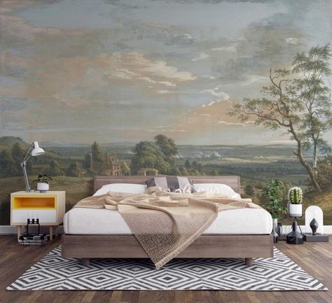 Mural Behind Bed, Giant Beds, Realistic Wallpaper, Dreamy Interiors, Bedroom Wall Units, Natural Wallpaper, Nature Room, Farm Landscape, Guest Room Bed