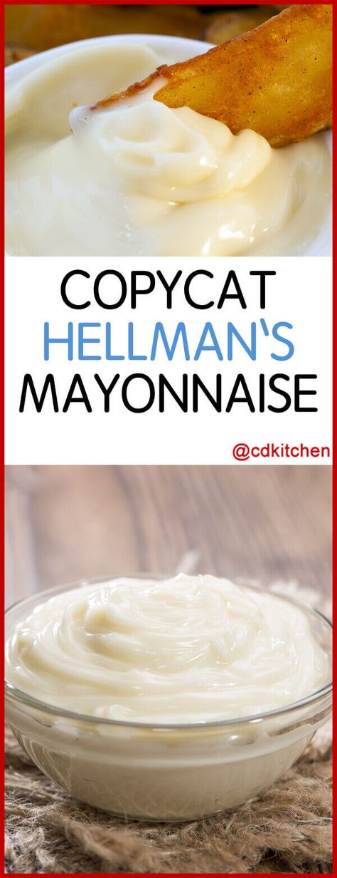 Copycat Hellman's Mayonnaise - Whether you prefer making all your condiments from scratch or you just need some mayo in a pinch, this Hellman's copycat is spot on. Pro-tip: stir in a bit of sriracha for a spicy mayo. | CDKitchen.com Hellmans Mayonaise Recipe, Mayonnaise Pasta, Homemade Mayonnaise Recipe, Homemade Pantry, Mayonnaise Recipe, Salad Dressing Recipes Homemade, Homemade Condiments, Onion Salad, Condiment Recipes