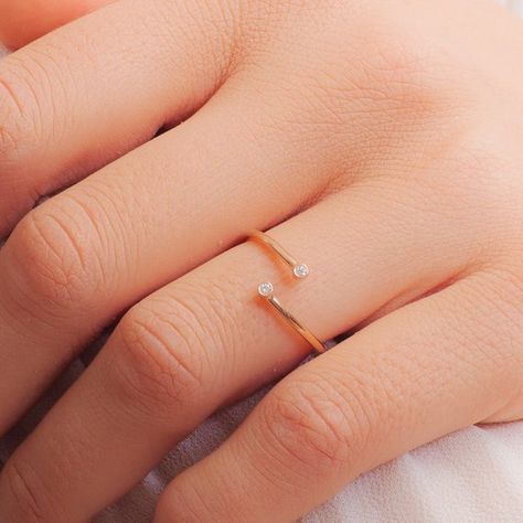 14K Gold Dainty Midi Ring For Women with Two Real Diamonds Bridal Diamond Ring, Minimalist Diamond Rings, Dainty Gold Ring, Gold Diamond Wedding Rings, Dainty Wedding Ring, Pearl Engagement Ring, Stackable Wedding Bands, Gold Rings Simple, Gold Rings Stackable