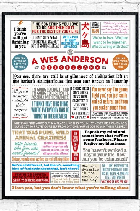 Giclee print of all the best quotes from Wes Anderson's movies Wes Anderson Quotes, Wes Anderson Art, All The Best Quotes, Wes Anderson Movies, Alpha Dog, Movies Quotes, Tag Friends, Wes Anderson, Whats Wrong