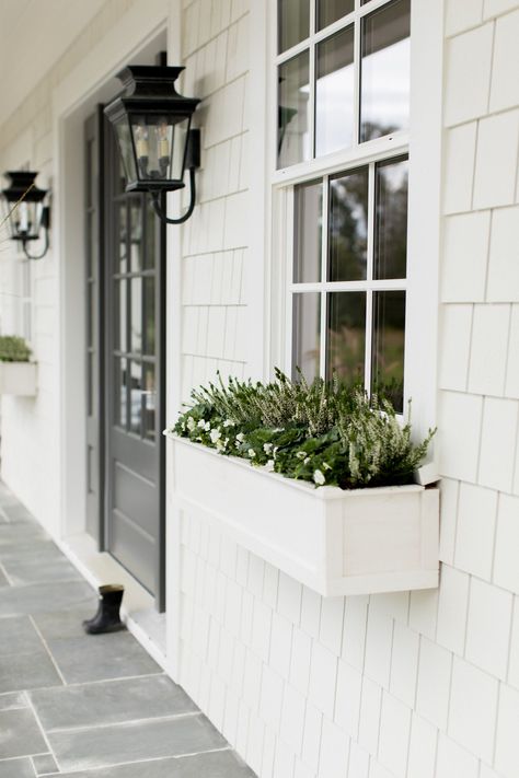 #white #whitedecor #whitefarmhouse #planters #windowboxes #coastal Monika Hibbs Tiny Home, Monika Hibbs Home Exterior, White Shingle House, Window Pergolas, Brick Exteriors, Beach Window, Fall Pots, Monika Hibbs, Front Door Steps