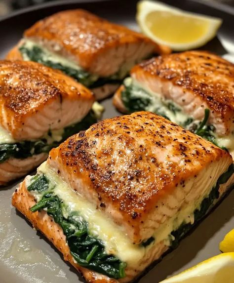 Blackened Salmon Stuffed with Spinach and Parmesan Cheese | Homemade Recipes Salmon Stuffed With Spinach, Salmon Stuffed, Recipes With Parmesan Cheese, Blackened Salmon, Salmon Dishes, Fresh Spinach, Grandmas Recipes, Girl Dinner, Spinach And Cheese