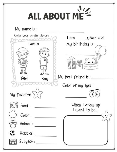 This is an "All about me worksheet" to let students fill out. They can color the pictures and decorate and you can get to know your students at the beginning of the year. They will have fun writing about themselves so Enjoy  Product Details: Format: PDF Page Size: 8.5x11 inches Age Range: Suitable for kids in kindergarten and grades 1-3 (ages 4-8) File Size: 2 page, high-resolution How to Use: Download & Print: Purchase, download the PDF, and print as many copies as you need. All About Me Worksheet For Kids, All About Me Toddler Activities, All About Me Project, About Me Worksheet, All About Me Preschool Theme, Me Worksheet, All About Me Printable, Get To Know Your Students, All About Me Worksheet