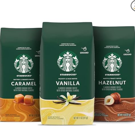 Starbucks Packaging Design, Caramel Packaging Design, Vanilla Packaging Design, Starbucks Packaging, Starbucks Ground Coffee, Coffee Label Design, Flavoured Coffee, Starbucks Flavors, Ginger Coffee