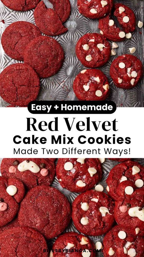 Try this easy red velvet cookie recipe using cake mix, made two delicious ways! First, red velvet sugar cookies shaped into adorable bears, and second, white chocolate red velvet cookies with a sprinkle of flaky sea salt. If you're a fan of red velvet desserts, this recipe is a must-try. Just grab your favorite red velvet cake mix and a few simple ingredients like white chocolate chips to make these irresistible cookies. Perfect for a quick, fun, and tasty treat! Gourmet cookies recipes. Gourmet Cookies Recipes, Simple Red Velvet Cake, Red Velvet Sugar Cookies, Velvet Sugar Cookies, Gourmet Cookie Recipes, Homemade Red Velvet Cake, Easy Red Velvet Cake, Red Velvet Cake Mix Cookies, Cookies White Chocolate