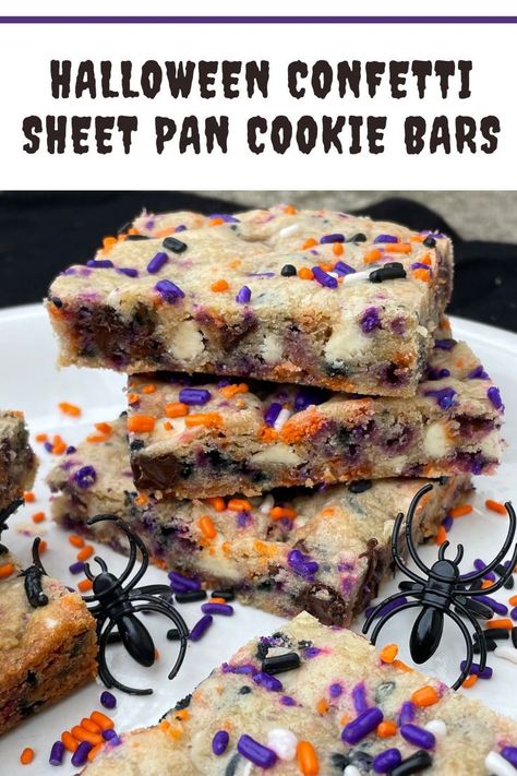 Stack of Halloween confetti cookie bars. Sheet Pan Cookie Bars, Halloween Desserts Cookies, Halloween Dessert Bars, Easy Halloween Cookies, Halloween Confetti, Confetti Cookies, Holiday Cookie Exchange, Fun Halloween Food, Fall Desserts Easy