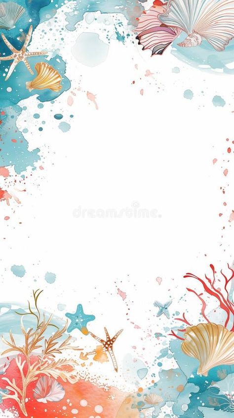 Abstract starfish and shell frame with copy space and dynamic sea elements in vibrant colors stock photo Ocean Border Design, Under The Sea Background, Sea Elements, Diy Birthday Invitations, Shell Frame, Borders Design, Paper Background Texture, Digital Borders Design, Sea Theme