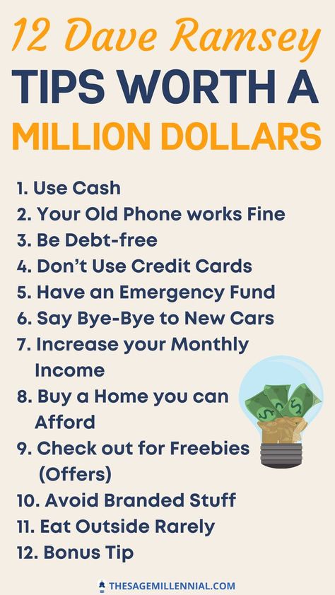 Dave Ramsey frugal living tips are known to all. But there are 12 other tips Dave Ramsey says will secure your financial future. Pay off Debt quickly, make a budget are some of the best personal finance tips to manage your money. #daveramsey #daveramseytips #frugalliing #daveramseybabysteps #debtsnowball Pay Off Debt Quickly, Financial Peace University, Dave Ramsey Baby Steps, Saving Money Chart, Personal Finance Tips, Money Saving Methods, Manage Your Money, Money Saving Techniques, Money Makeover