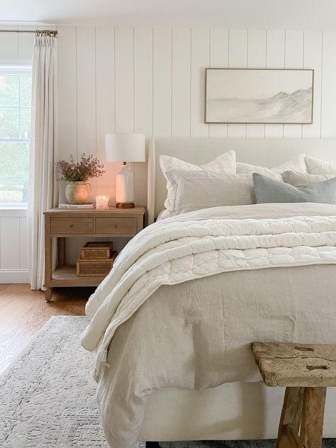 How to Get That Fluffy Bed Look - Sherri Calnan Beach Neutral Bedroom, Coastal Modern Primary Bedroom, Studio Mcgee Coastal Bedroom, Bedroom Coastal Granddaughter, Warm Coastal Bedroom, Shiplap Master Bed, Shiplap In Bedroom, Vertical Shiplap Wall Bedroom, White Shiplap Bedroom