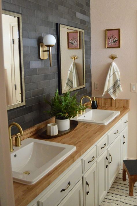 Countertops Bathroom, Butcher Block Bathroom Countertops, Butcher Block In Bathroom, Wood Bathroom Vanity Black Countertop, Bathroom Butcher Block Counter, Bathroom Remodel Brown Counter Tops, Drop In Sink Bathroom, Brick Wall Bathroom Vanity, Butcher Block Countertops Bathroom