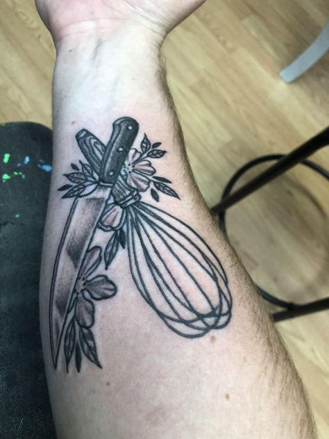 Chefs knife and whisk done by Jenny Hughes at Spider Social Club in Brick NJ USA. #tattoos #tattoo #beauty Whisk And Knife Tattoo, Whisk Tattoo, Culinary Tattoos, Chef Tattoo, Christian Tattoo, Trending Tattoos, Chefs Knife, Knife Tattoo, Prison Tattoos