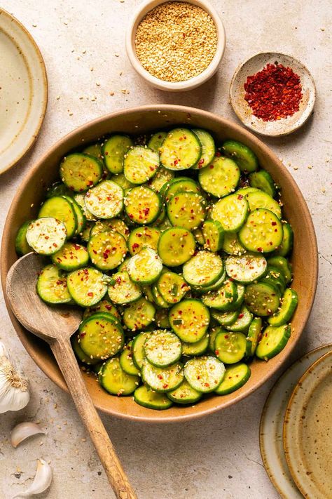 Spicy Cucumber Edamame Salad, Asian Marinated Cucumbers, Asian Cucumbers, Indian Cucumber Salad, Rice Vinegar Dressing, Asian Cucumber Salad Recipe, Lauren Fit Foodie, Teriyaki Chicken Rice Bowl, Spicy Cucumber Salad