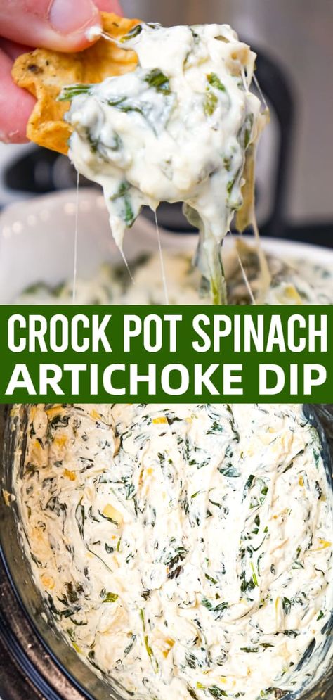 Crock Pot Spinach Artichoke Dip is a delicious hot party dip recipe loaded with baby spinach, chopped artichoke hearts, cream cheese, sour cream, mozzarella and parmesan cheese. Easy Crockpot Spinach Artichoke Dip, Crock Pot Spinach Artichoke Dip, Crockpot Spinach Artichoke Dip, Slow Cooker Spinach Artichoke Dip, Crockpot Spinach, Cheese Dip Crock Pot, Dip Recipes Crockpot, Spinach Artichoke Dip Easy, Hot Spinach Dip