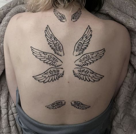 #tattoo #tattooideas #angelcore #angeltattoo #aesthetic #aesthetictattoo #starflesh #backtattoo #angelwingtattoo #seraphim #seraphimtattoo #angelwings #angelic #biblicalangel Sephiroth Wing Tattoo, Angelic Back Tattoo, Angel Seraphim Tattoo, Angel Core Tattoos, Sternum Angel Tattoo, Seraphim Wings Tattoo, Shoulder Angel Tattoo, Closed Wings Tattoo, Throne Angel Tattoo