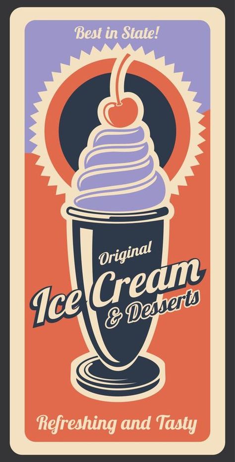 Ice cream dessert, retro vector poster Ice Cream Vintage, Whipped Cream Desserts, Ice Cream Sign, Ice Cream Logo, Cherry Topping, Retro Desserts, Ice Cream Illustration, Ice Cream Poster, Ice Cream Packaging