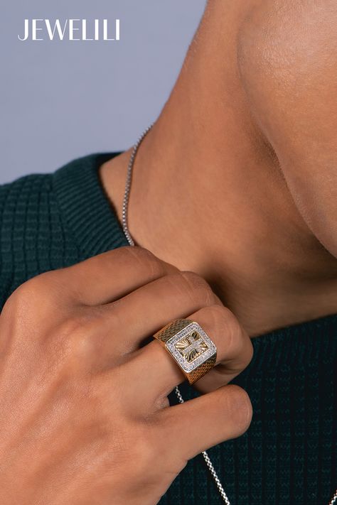 Enhance your everyday look with the yellow gold over sterling silver Diamond Cross Texture Men's Ring. This men's ring features an intricate design adorned with shimmering diamonds. The textured surface adds a touch of uniqueness to any outfit, making it perfect for both informal and dressy occasions. It's an exquisite piece that combines style and charm effortlessly, making it an ideal gift. Silver Rings For Men Design Unique, Silver Rings For Men, Mens Crosses, Cubic Zirconia Necklace, Diamond Cross, Mens Ring, Outfit Making, Men's Ring, Intricate Design