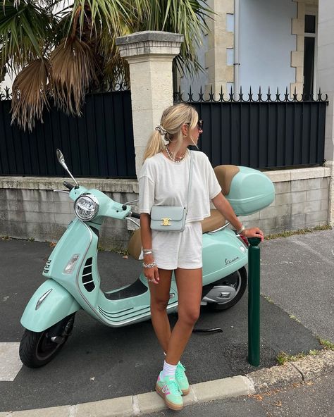 one of the most magical summer feeling at home 🍉🍉🍉 | Instagram Outfit Roma, Gazelle Outfit, Adidas Gazelle Outfit, Aqua Outfit, Colorful Summer Outfits, Feeling At Home, Puma Palermo, Bright Shoes, Summer Dress Outfits