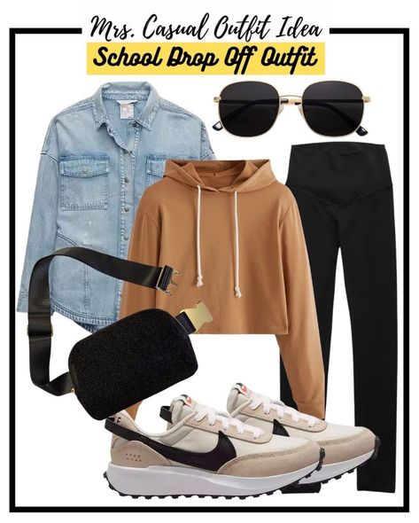 Week's Worth of School Drop Off Outfit Ideas | MrsCasual Mom Outfits School Drop Off, Nike And Leggings Outfit, Aerie Outfits Fall, Sweater And Sweatpants Outfits, School Drop Off Outfit Mom, Denim Shacket Outfit, School Drop Off Outfit, Winter Athleisure Outfits, Sweatshirt And Sweatpants Outfits