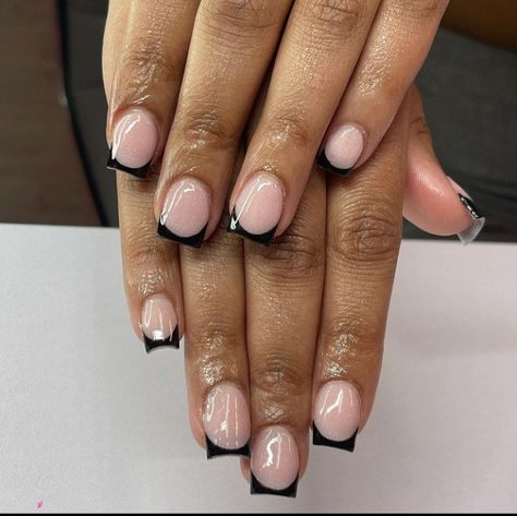 Black French Tip Overlay, Extra Short Black French Tip Nails, Short Square Acrylic Nails Black Tips, Black Shirt French Tip Nails, Black Shirt French Tip, Small Black French Tip Nails, Short Acrylic Nails Black French Tip, Black Nail Tips French Manicures, Short Black Tips