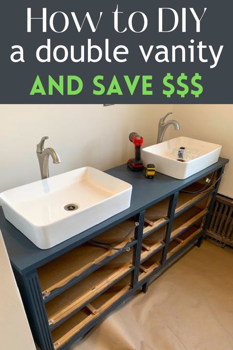 How to create a DIY double vanity while saving a ton of money Diy Double Sink Vanity, Bathroom Double Vanity Ideas Master Bath, Diy Double Vanity, Dresser Sink Vanity, Bathroom Double Vanity Ideas, Inexpensive Dresser, Diy Sink Vanity, Dresser Sink, Bathroom Double Sink