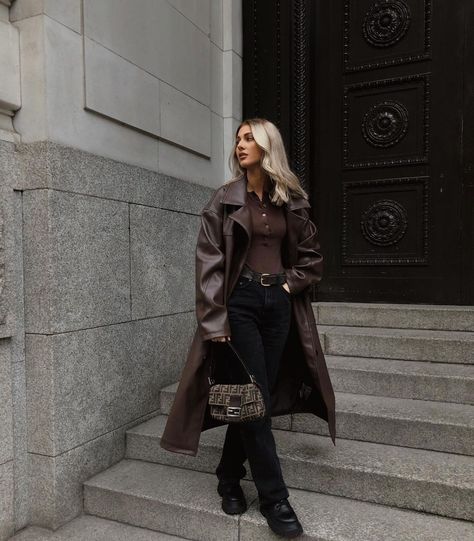 Chocolate Leather Jacket Outfit, Chocolate Trench Coat Outfit, Chocolate Brown Leather Jacket Outfit, Chocolate Brown Trench Coat Outfit, Chocolate Brown Jacket Outfit, Chocolate Brown Clothes, Chocolate Brown Coat Outfit, Dark Brown Trench Coat Outfit, Brown Leather Trench Coat Outfit