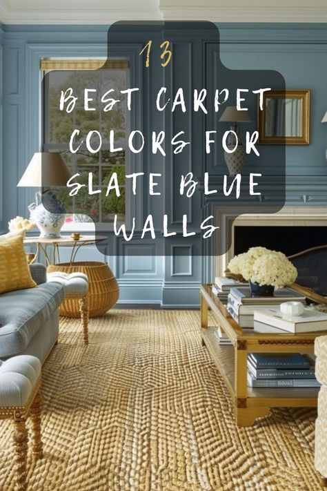 Wondering what carpet color goes with slate blue walls? Discover 13 color options that create a harmonious and stylish look. From neutrals to bold choices, find the perfect match. Click to explore! 🎨🏡 #CarpetColors #HomeDecor #SlateBlueWalls #InteriorDesign #ColorInspo Blue Accent Wall Living Room, Slate Blue Walls, Stairway Walls, Soft Blue Walls, Stylish Living Room Ideas, Blue Grey Walls, Cozy Scandinavian, Blue Accent Walls, Accent Walls In Living Room