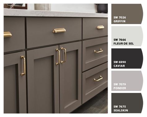 Sherwin Williams Griffin Paint Color, Perfect Greige Sherwin Williams Cabinets, Cabinets Sherwin Williams, Painted Cabinets Kitchen Sherwin Williams, Gray Brown Cabinets, Folk Stone Sherwin Williams, Paint Cabinets Brown, Brown Cabinet Colors, Brownish Grey Kitchen Cabinets