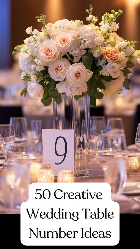 Elegant and creative wedding table number displayed on a beautifully decorated reception table. Elegant Table Numbers For Wedding, Affordable Wedding Centerpieces Round Table, Decorating Round Tables For Wedding, Table Number Ideas For Weddings, Creative Wedding Table Numbers, Wedding Table Number Ideas, Table Numbers Diy, Table Number Ideas, Affordable Wedding Centerpieces