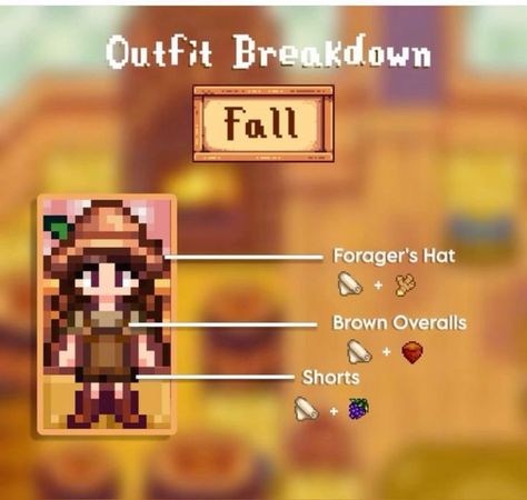 Vanilla Stardew Valley Outfits, Stardew Valley Farm No Mods, Stardew Clothes Ideas, Stardew Clothing Guide, Stardew Sewing Recipes, Stardew Valley Clothing Ideas, Stardew Valley Fall Outfit, Stardew Valley Dye Guide, Farm Names Ideas Stardew Valley