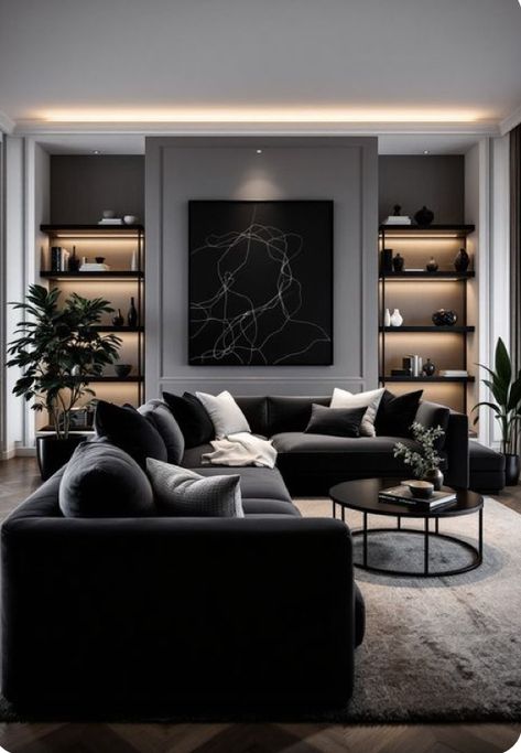 Dark Modern House Interiors, Charcoal Couch Living Room, Black Grey Living Room, Dramatic Living Room, Grey Couch Living Room Ideas, Dark Grey Couch, Dark Grey Couch Living Room, Black Couch Living Room, Dark Living Room Ideas