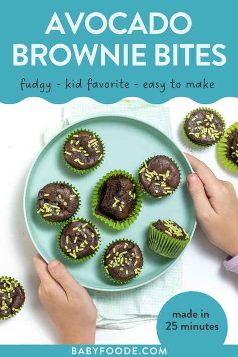 Fudgy Kid-Favorite Avocado Brownie Bites | Baby Foode Two Bite Brownies, Avocado Brownies, Gluten Free Kids, Fudgy Brownie, Avocado Chocolate, Filled Muffins, Brownie Bites, Stuffed Avocado Healthy, Toddler Food