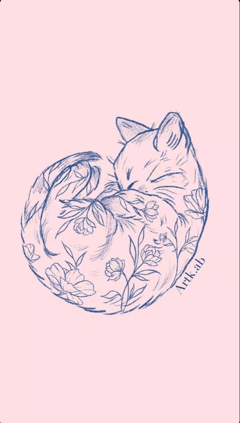 Lily And Cat Tattoo, Botanical Cat Tattoo, Celestial Cat Tattoo, Cat With Flowers Drawing, Two Cats Drawing, Floral Cat Tattoo, White Cat Tattoo, Kitten Tattoo, Tattoo Concepts