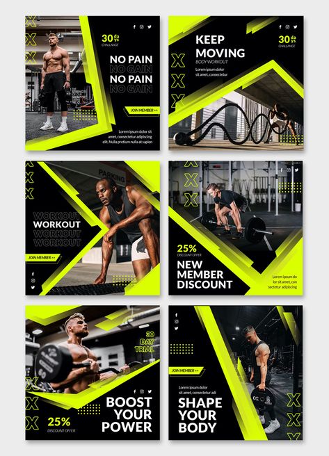 Gym & Fitness Instagram Post Templates PSD Gym Web Design, Fitness Instagram Post, Ad Workout, Gym Rope, Commercial Gym Design, Concept Reference, Reels Cover, Linkedin Post, Instagram Photoshop