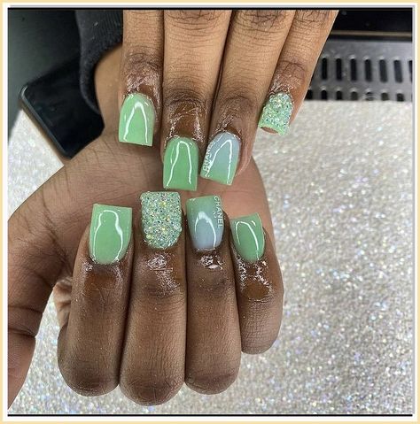 Short nails can also be transformed with 3D elements, such as gems and studs, for a bold and attention-grabbing look. Birthday Nails Green Short, Green Shorties Nails, Short Green Acrylic Nails Designs, Shorties Nails Green, Short Acrylic Nails Designs Green, Green Overlay Nails, Green Short Nails Acrylic, Green Nail Ideas Acrylic, Cute Green Acrylic Nails