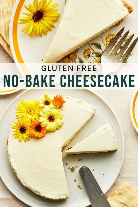 Gluten-Free No Bake Cheesecake Rich and creamy, no-bake gluten-free cheesecake is a decadent treat that’s so easy to make. The best part? No need to turn on the oven! Gluten Free Cheesecake Bars, Gluten Free No Bake Cheesecake, Gluten Free Cheesecake Crust, Lactose Free Cheesecake, Gf Cheesecake, Non Bake Cheesecake, Cheesecake Gluten Free, Gluten Free Cheesecake Recipes, Low Calorie Cheesecake