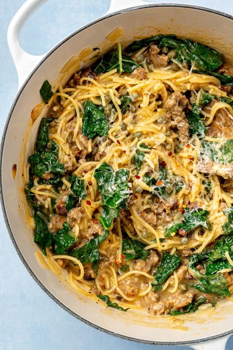 One Pot Pasta with Italian Sausage and Kale Pasta Italian Sausage, Sausage Kale Pasta, Italian Sausage Recipes Pasta, Pasta With Kale, Sausage And Kale, Sausage Recipes For Dinner, Pork Casserole, Kale Recipe, Sausage Kale