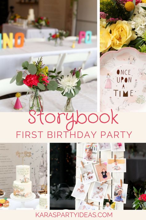 Storybook First Birthday Party via Kara's Party Ideas - KarasPartyIdeas.com (1) First Birthday Story Book Theme, One Year Old Book Birthday Party, Storybook Party Favors, Reading Themed Birthday Party, Story Book 1st Birthday, Chapter 1 First Birthday, Book Themed First Birthday Girl, Storybook Theme Birthday Party, First Chapter Birthday