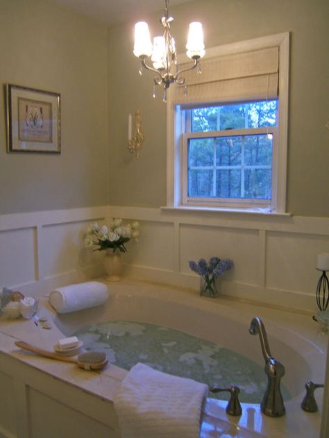 After: Spa-tacular Transformation - 5 Budget-Friendly Bathroom Makeovers  on HGTV Garden Tub Decor, Garden Tub Decorating, Beautiful Master Bathrooms, Diy Wainscoting, Decor Baie, Small Bathroom Makeover, Tub Surround, Master Bath Remodel, Bathroom Tub