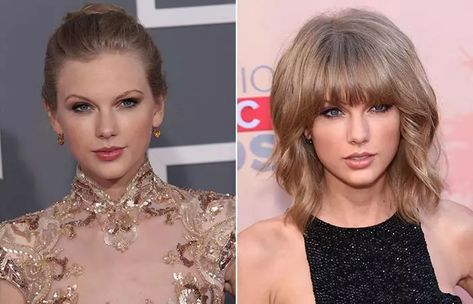 Taylor Swift with and without bangs Taylor Swift Hair Bangs, Jennifer Lawrence Bangs, Emma Stone Bangs, With And Without Bangs, Should I Get Bangs, Taylor Swift Short Hair, Taylor Swift Haircut, Jennifer Garner Hair, Taylor Swift Bob