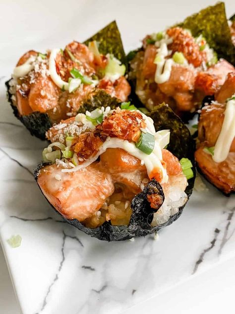 Baked Salmon Sushi Cups - Lovely Delites Salmon Cups Recipes Baked, Salmon Muffin Cups, Baked Salmon Cups, Shrimp Sushi Bake Recipe, Salmon Rolls Baked, Salmon Cup Recipes, Sushi Bites Recipe, Salmon Muffin Recipe, Sushi Bites Appetizers