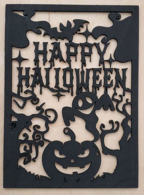 Glowforge laser ready file Halloween sign, wall hanging, spooky, pumpkin, ghost Laser cut files #lasercutfiles laser cut files svg #lasercutfilessvg laser cut 3d files #lasercut3dfiles pattern #pattern  patterns #patterns templates #templates 7.51 Diy Laser Cut, Glow Forge, Laser Cut Wood Crafts, American Flag Wood, Halloween 3d, Halloween Sign, Pumpkin Ghost, Spooky Pumpkin, Laser Cut Sign