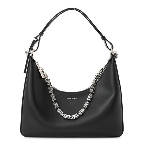 This is an authentic GIVENCHY Smooth Calfskin Small Moon Cut Out Shoulder Bag in Black. This sleek tote is crafted of luxuriously polished smooth leather in black. The bag features a silver chain strap, a black leather shoulder strap, and silver hardware. The top zipper opens to a black leather interior. Moon Cut, Fancy Bags, Shoulder Bag Black, Leather Interior, Silver Hardware, Chain Strap, Smooth Leather, Givenchy, Calf Skin