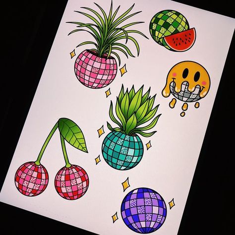 Traditional Style Disco Ball Tattoo, Disco Drawing Art, Disco Flash Tattoo, Disco Fruit Art, Disco Ball Tattoo Color, Disco Ball Plant Tattoo, Melting Disco Ball Tattoo, American Traditional Disco Ball Tattoo, Traditional Disco Ball Tattoo