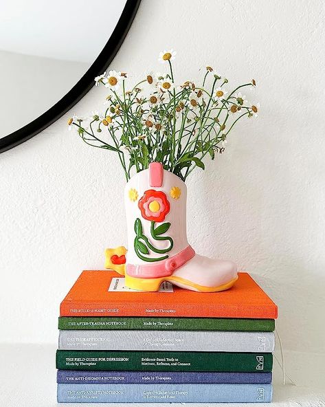 Small Cowboy Boot Vase, Colorful Ceramic Shelf Decor, Unique Flower Vase - Aesthetic home decor Cowboy Boot Vase, Ceramic Shelf, Vase Colorful, Boot Vase, Cute Cowgirl Boots, Large Flower Vases, Unique Flower Vases, Pencil Cup, Plant Vase